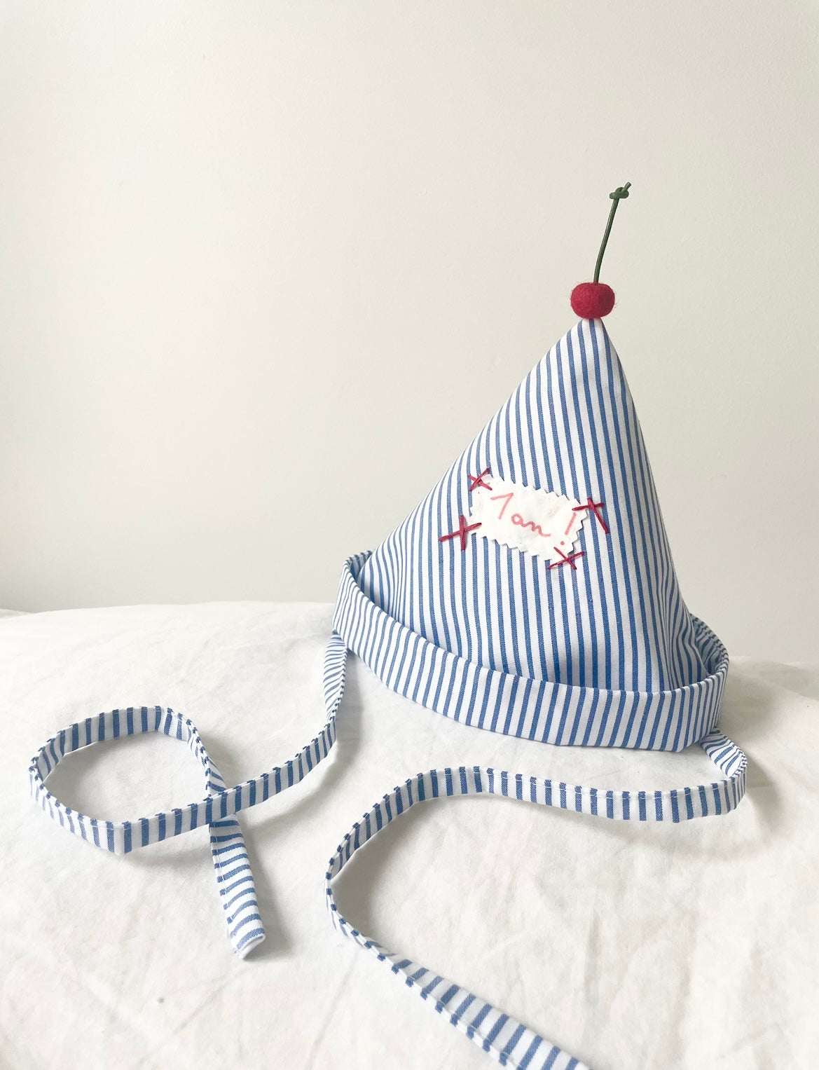 Cherry blue striped pointed hat