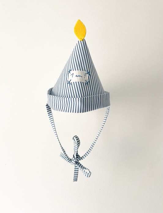 1 year candle hat! blue and white striped